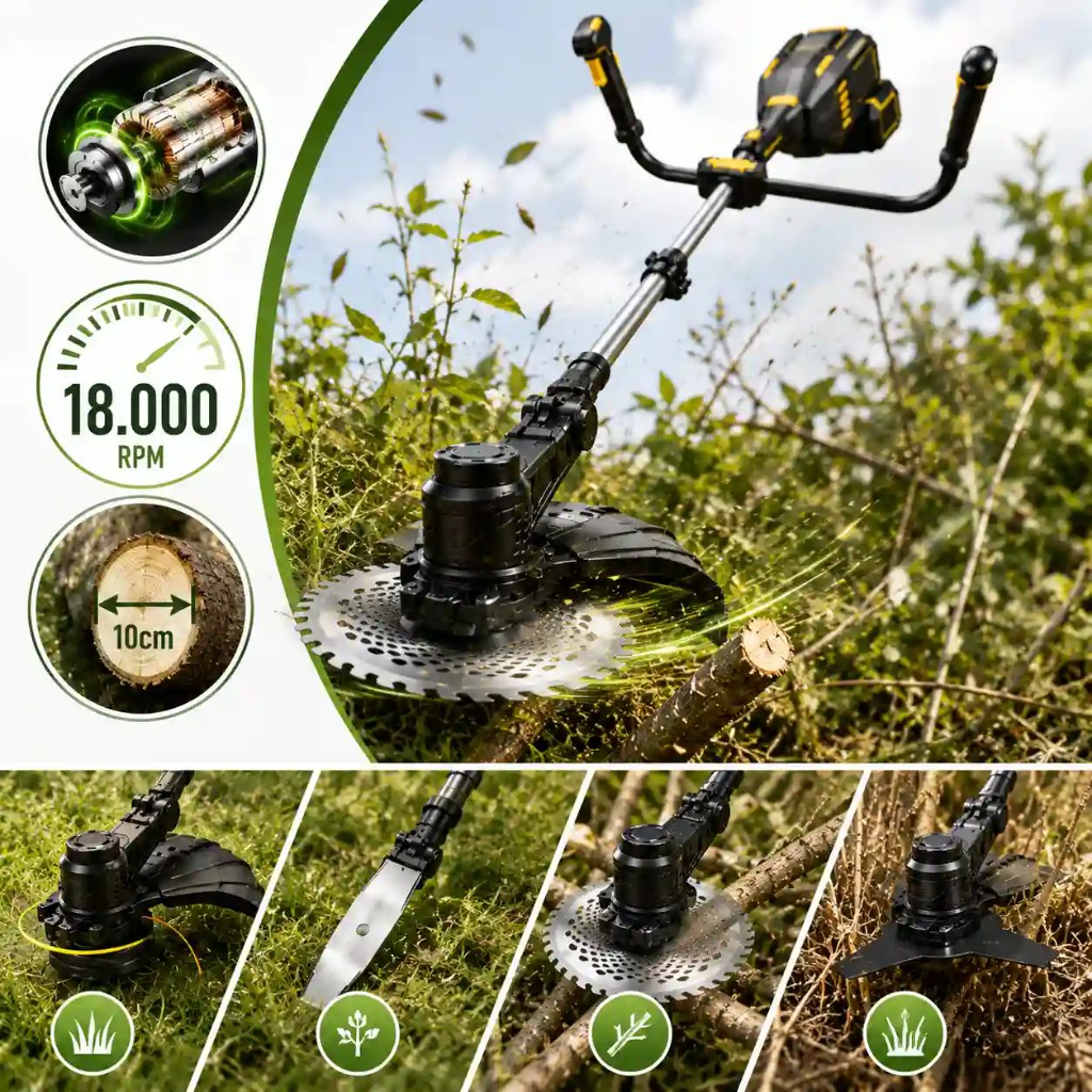 DualVolt 48 — motore brushless 18.000 giri con disco in acciaio che taglia un ramo da 10 cm, e 4 teste di taglio intercambiabili