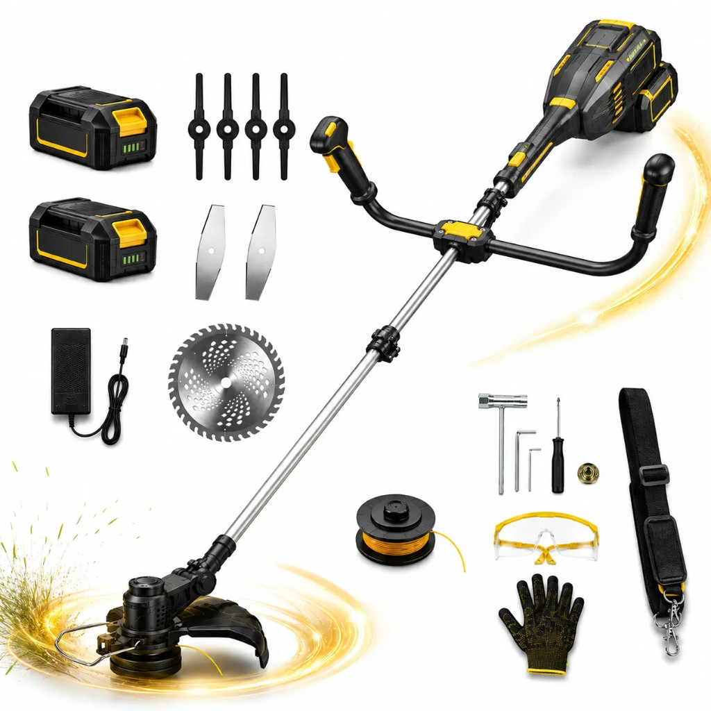 DualVolt 48 — decespugliatore a batteria 48 V con doppio manico ergonomico, comandi integrati, doppia batteria e kit lame
