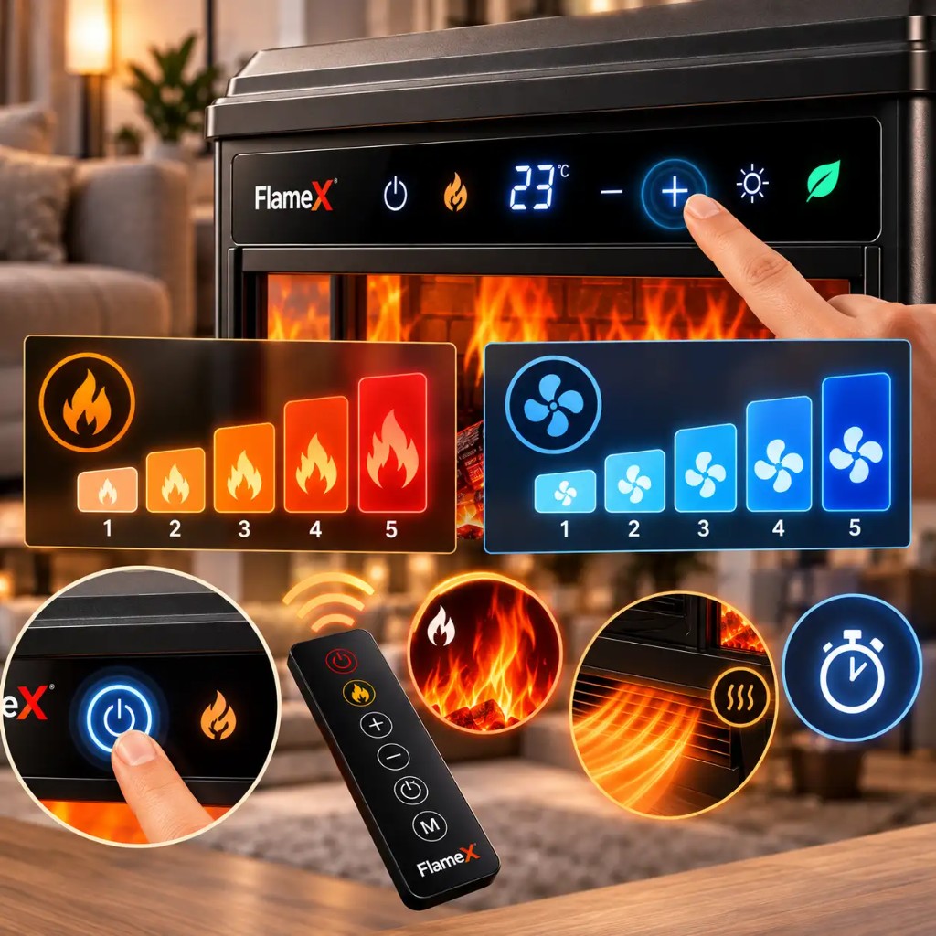 FlameX — 5 Heizstufen und Gebläse, Touch-Bedienung und Fernbedienung