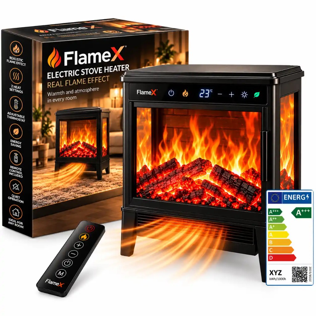 FlameX Lieferumfang: Elektroofen, Karton, Fernbedienung und Energieklasse A+++