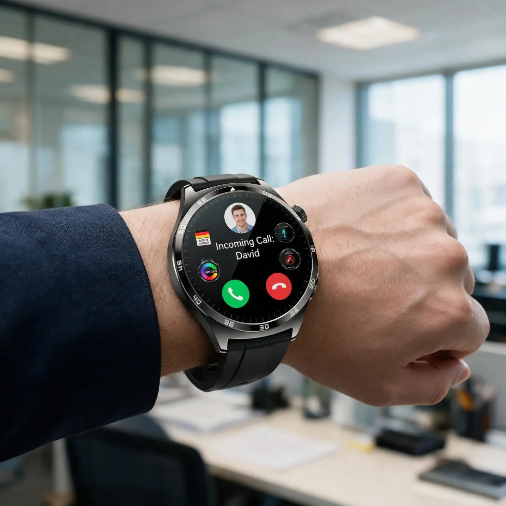 Orvyn smartwatch worn on the wrist, showing an incoming call on the AMOLED display