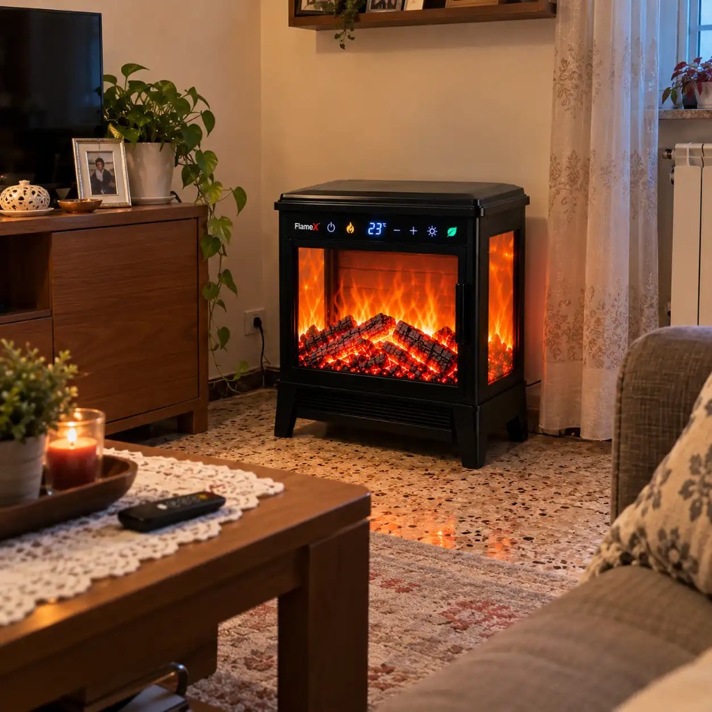 FlameX im Wohnzimmer mit Fernbedienung und LED-Kamineffekt