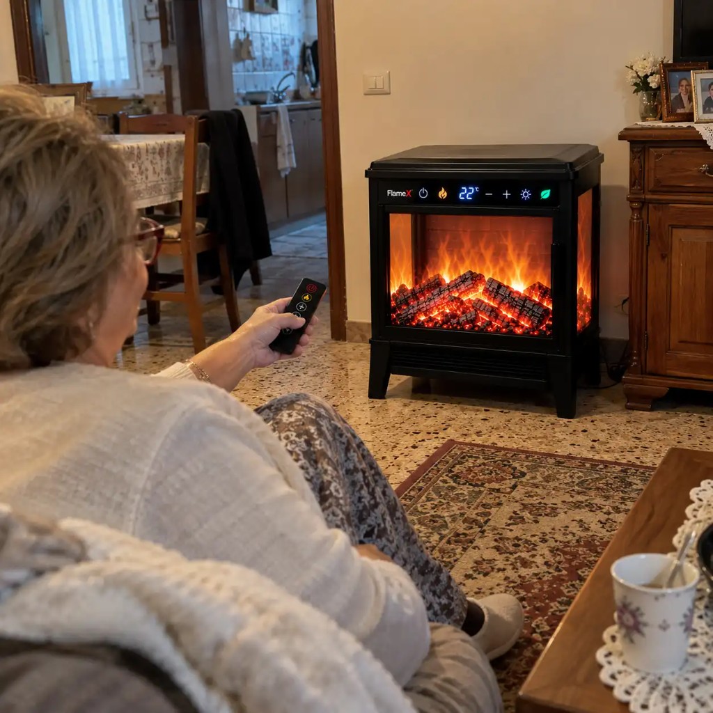Kunde nutzt FlameX mit Fernbedienung im Wohnzimmer