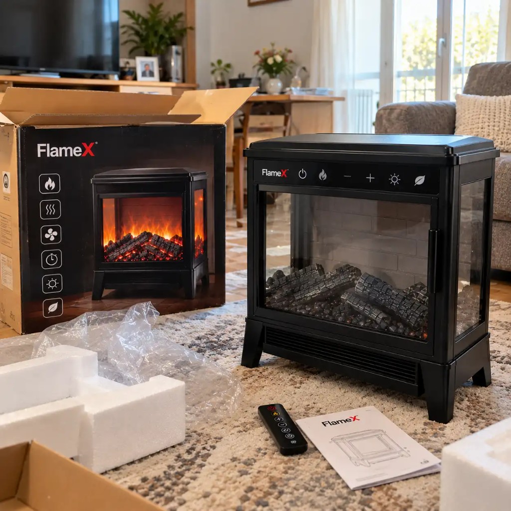 FlameX frisch ausgepackt mit Karton, Fernbedienung und Anleitung